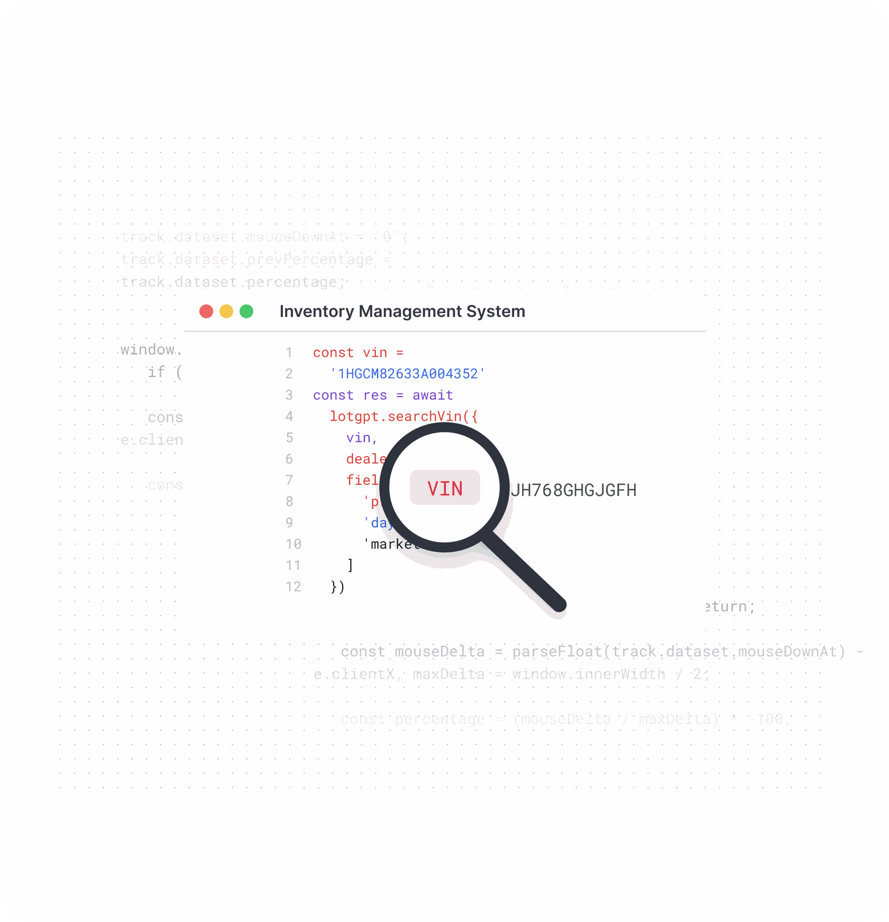 Inventory Management System browser window with VIN lookup and code integration